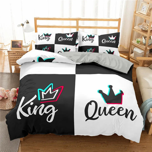 Gold Crown Duvet Cover Set Romantic Couple Bedding 3pcs Custom Print