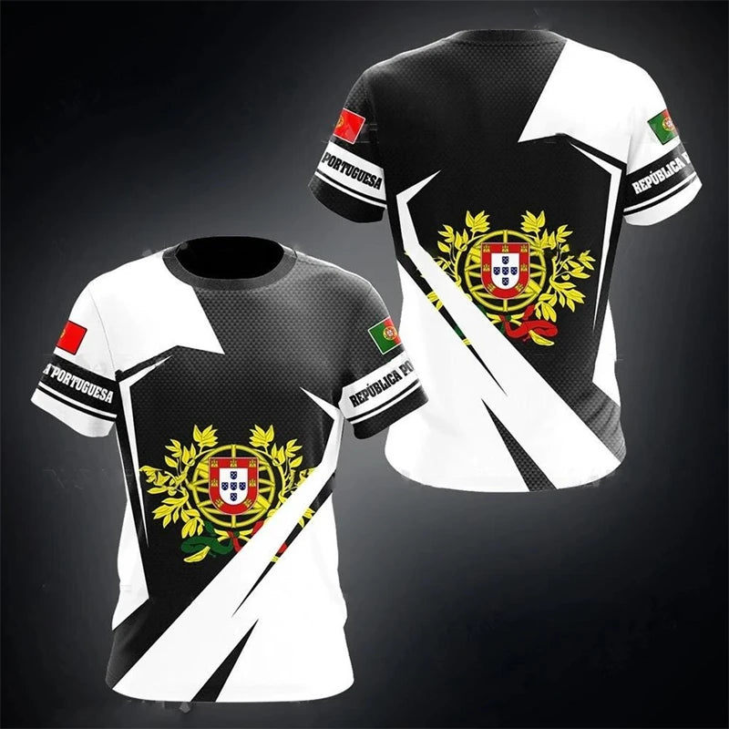 Portugal Emblem T-Shirt – Men’s Striped Casual Streetwear Round Neck Tee