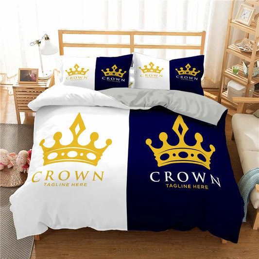 Gold Crown Duvet Cover Set Romantic Couple Bedding 3pcs Custom Print