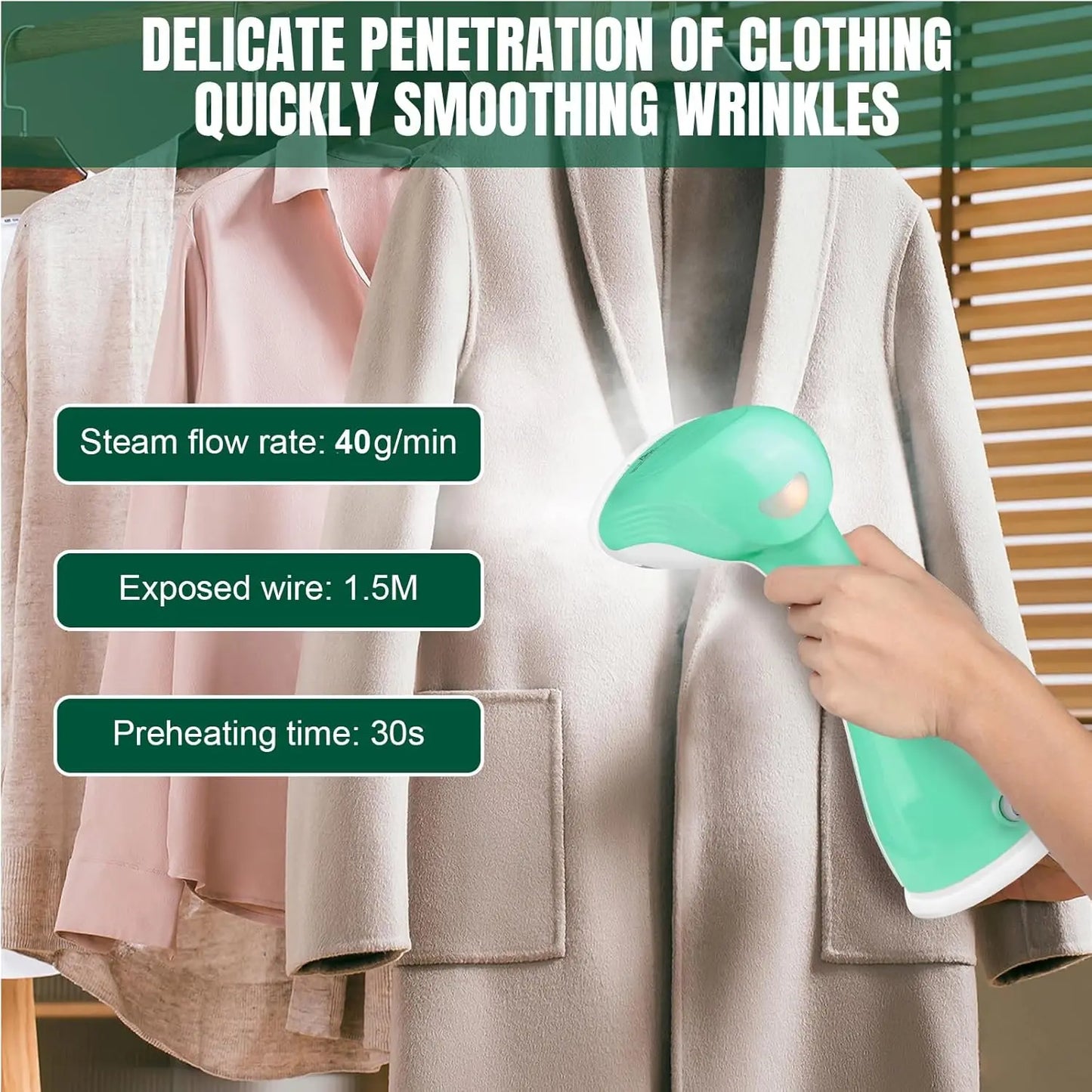 1500W Handheld Clothes Steamer with 300ML Tank & 30s Fast Heat-Up