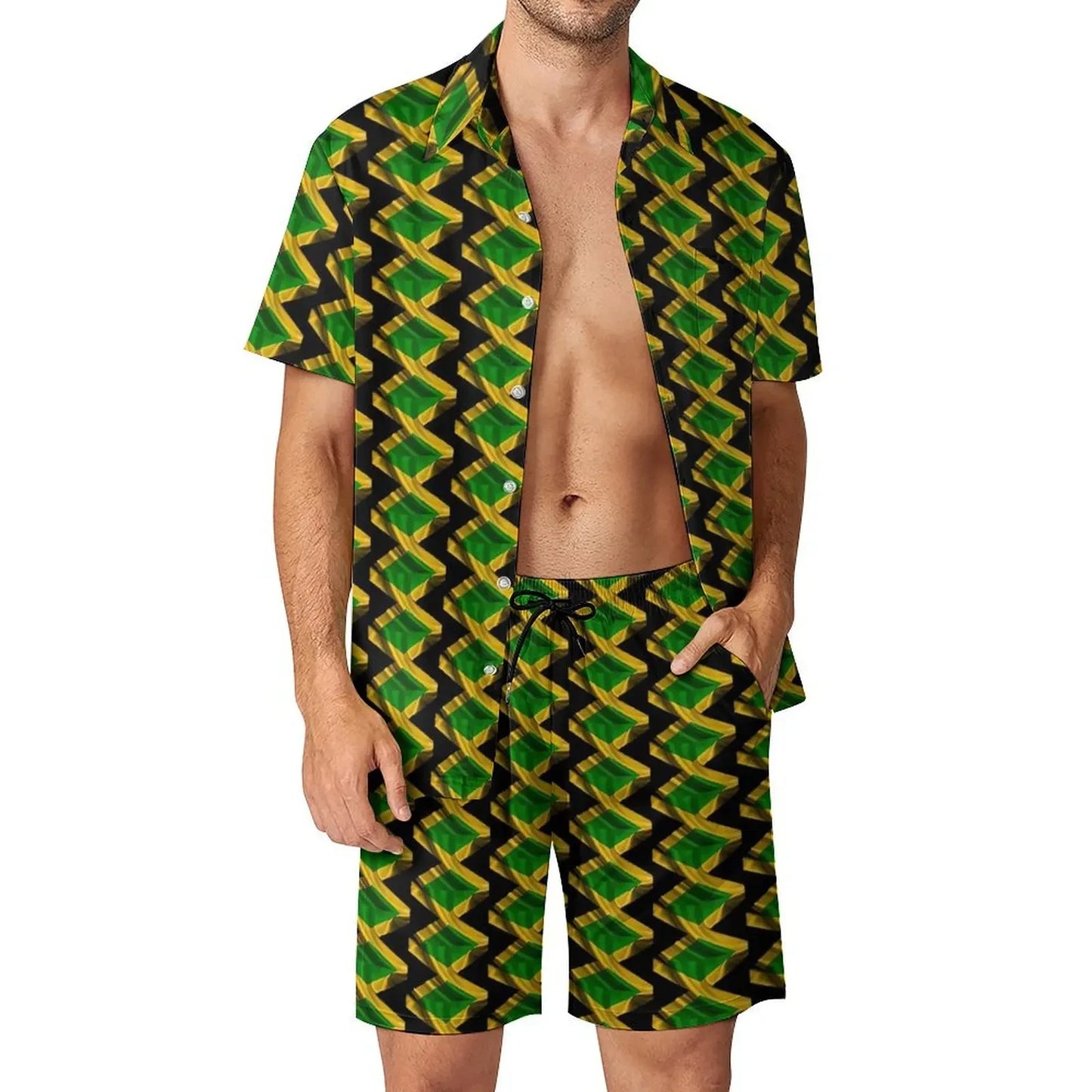 Jamaica Flag Colour Men’s Set - Diagonal Stripe Shorts & Outdoor Shirt