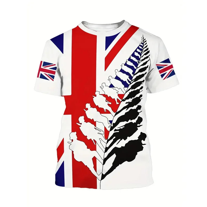 England Graffiti Print T-Shirt - Men’s Short Sleeve Round Neck Summer Top with Lion Stripe Pattern