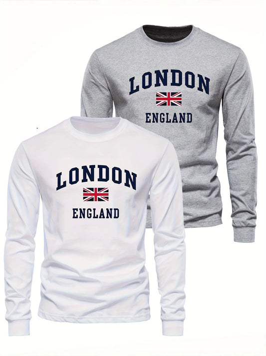 Men’s London England Letter Printed Long Sleeve T-Shirt - 100% Cotton Spring & Autumn Top