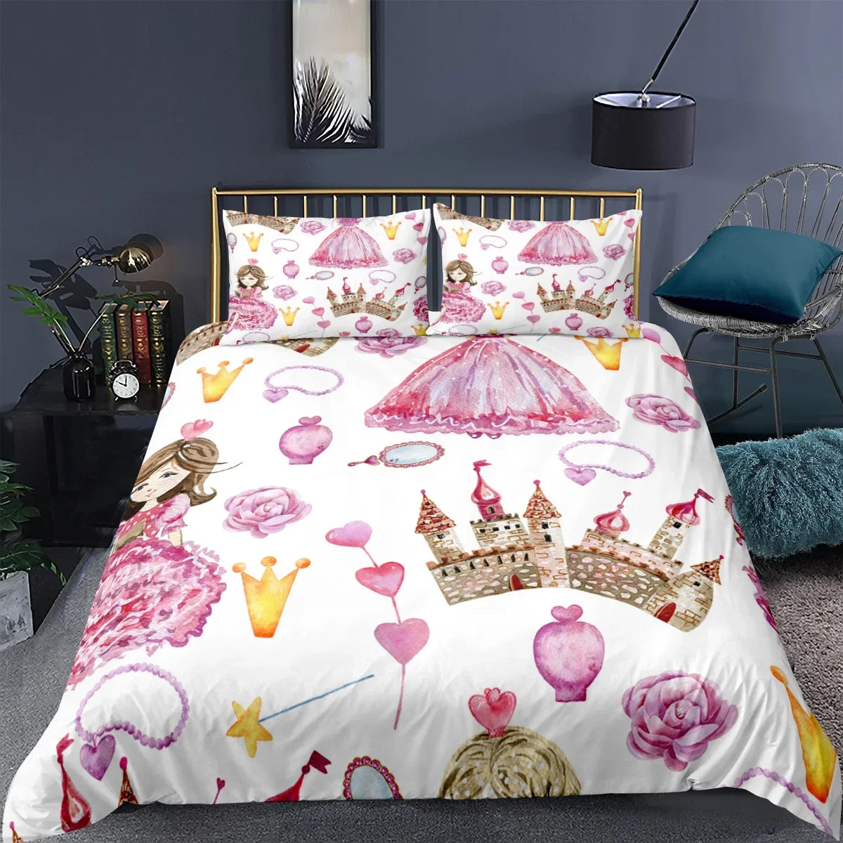 Gold Crown Duvet Cover Set Romantic Couple Bedding 3pcs Custom Print