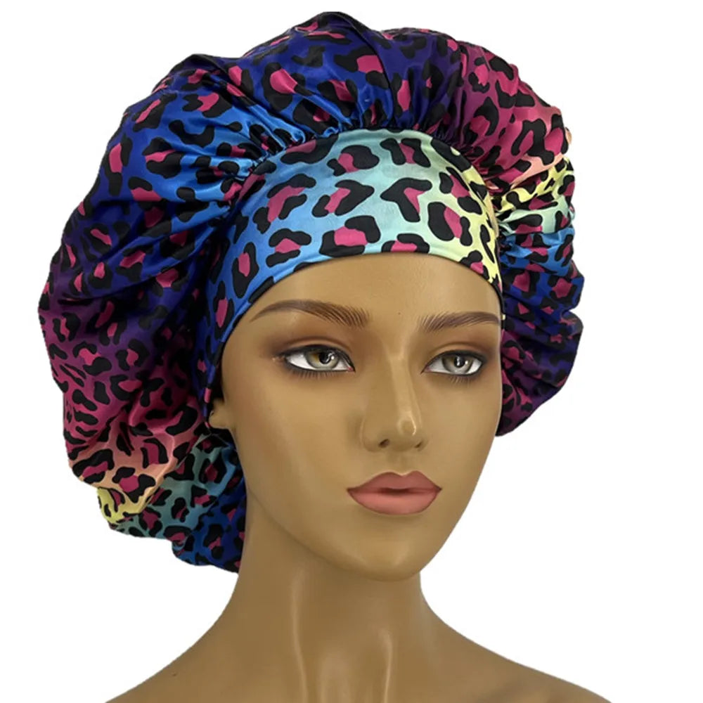 Leopard Print Satin Bonnet for Women – Curl-Enhancing Sleep Cap with Wide Elastic Band