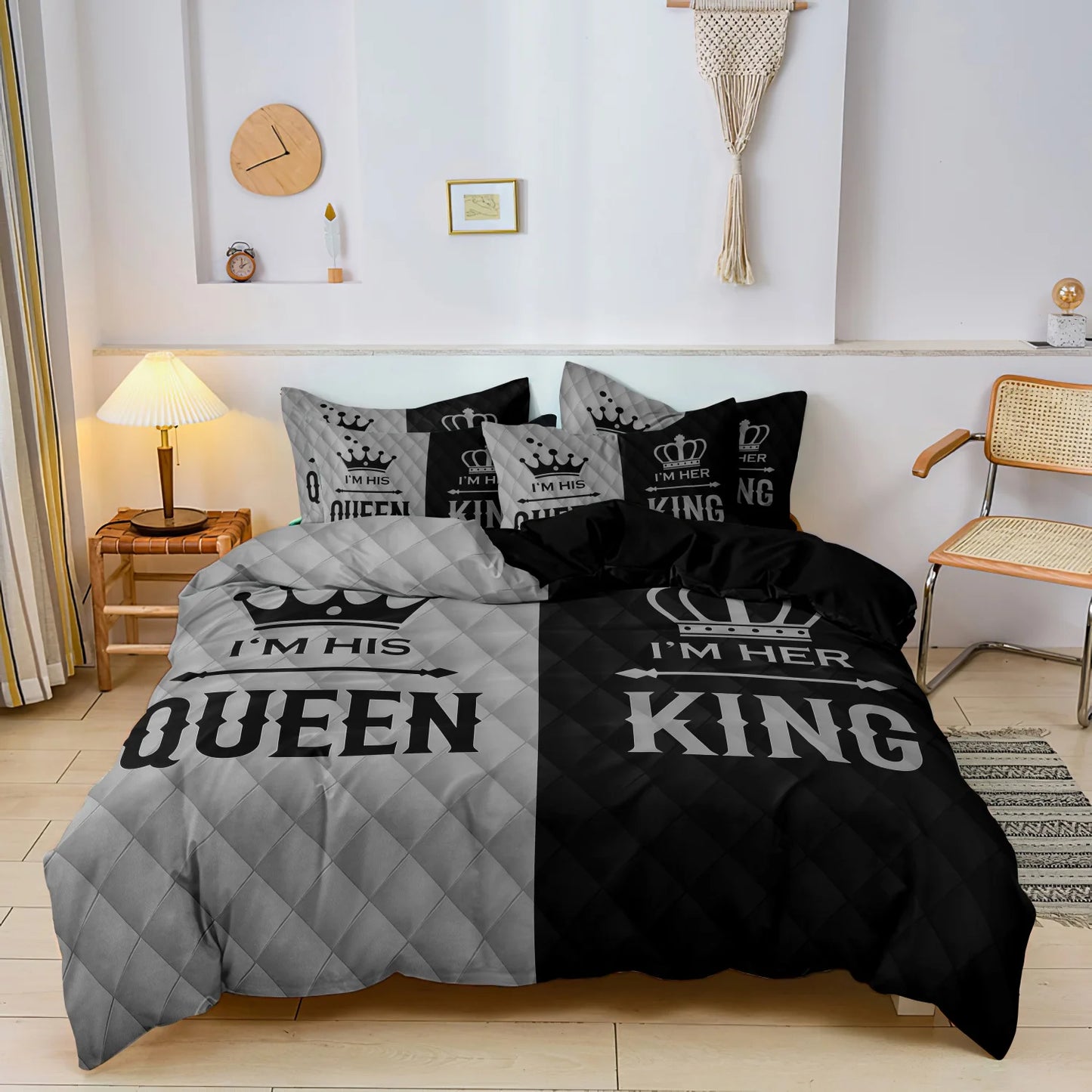 Romantic Heart Crown Duvet Cover Set 3pcs Pink Black Bedding Set