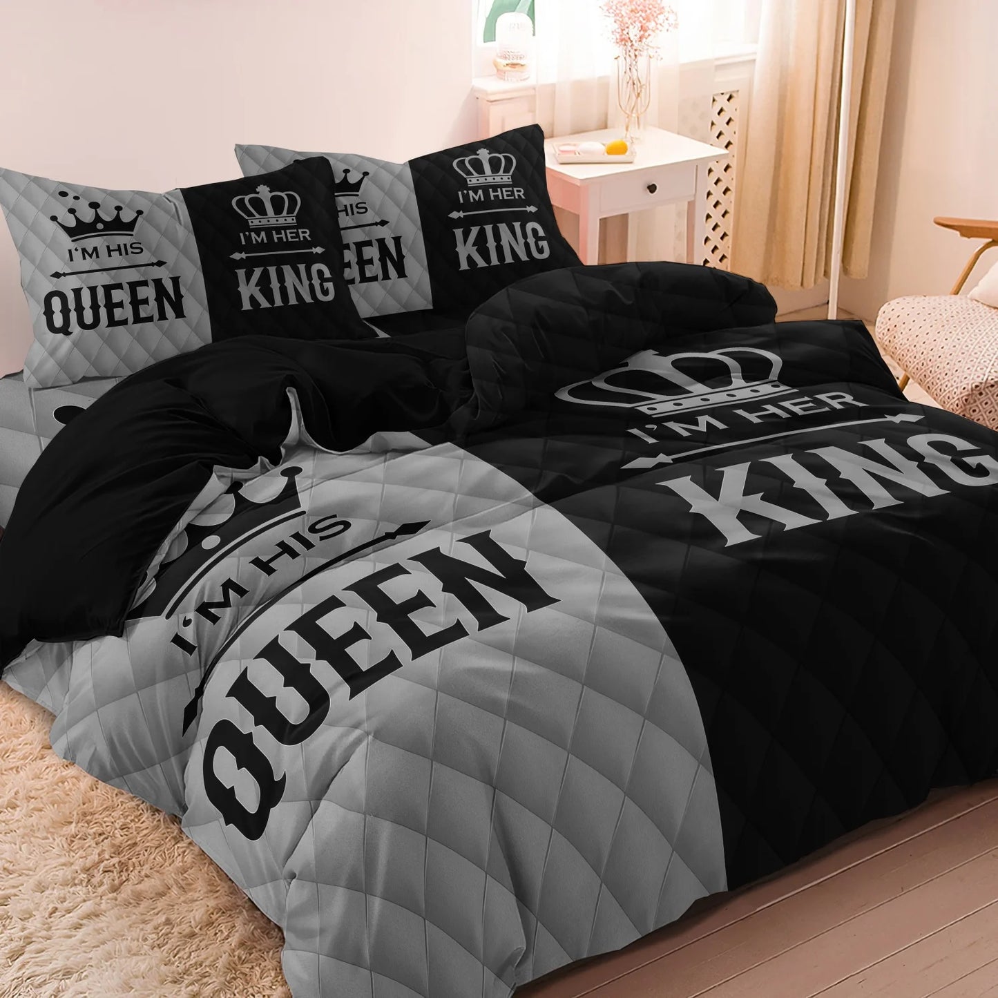 Romantic Heart Crown Duvet Cover Set 3pcs Pink Black Bedding Set