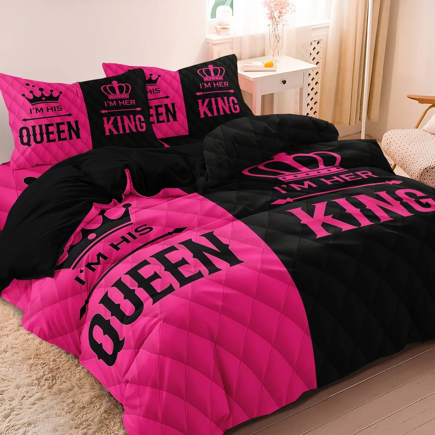 Romantic Heart Crown Duvet Cover Set 3pcs Pink Black Bedding Set