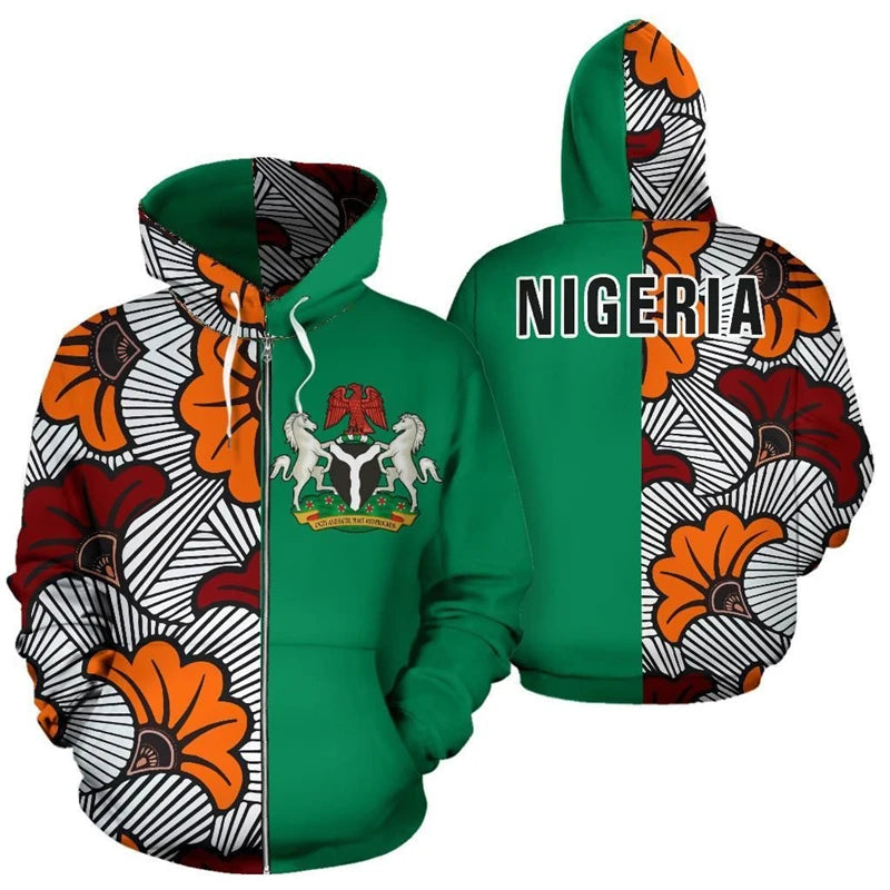 Nigeria Flag Zip Up Hoodie 3D Print Unisex Casual Streetwear Jacket
