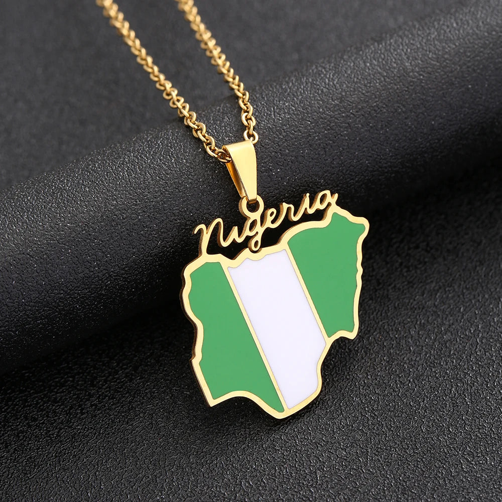 Nigeria Map Flag Pendant Necklace - Stainless Steel Gold & Silver Jewelry for Men & Women