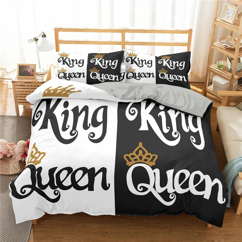 Gold Crown Duvet Cover Set Romantic Couple Bedding 3pcs Custom Print