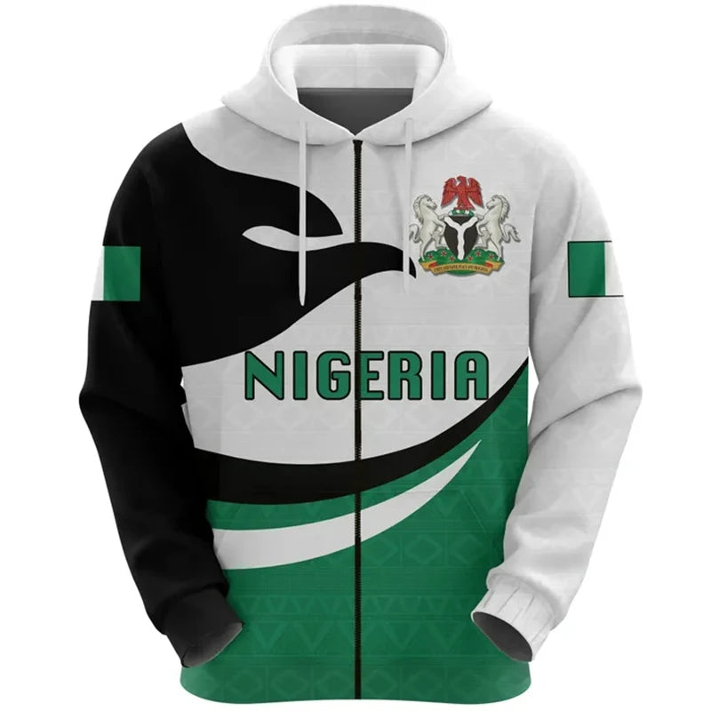 Nigeria Flag Zip Up Hoodie 3D Print Unisex Casual Streetwear Jacket