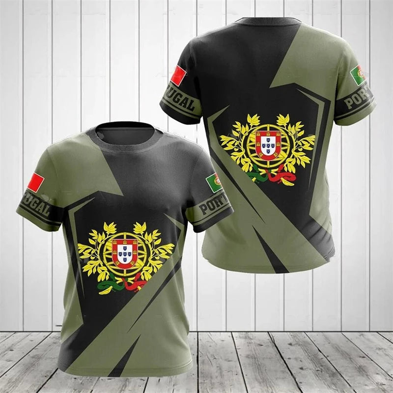 Portugal Emblem T-Shirt – Men’s Striped Casual Streetwear Round Neck Tee