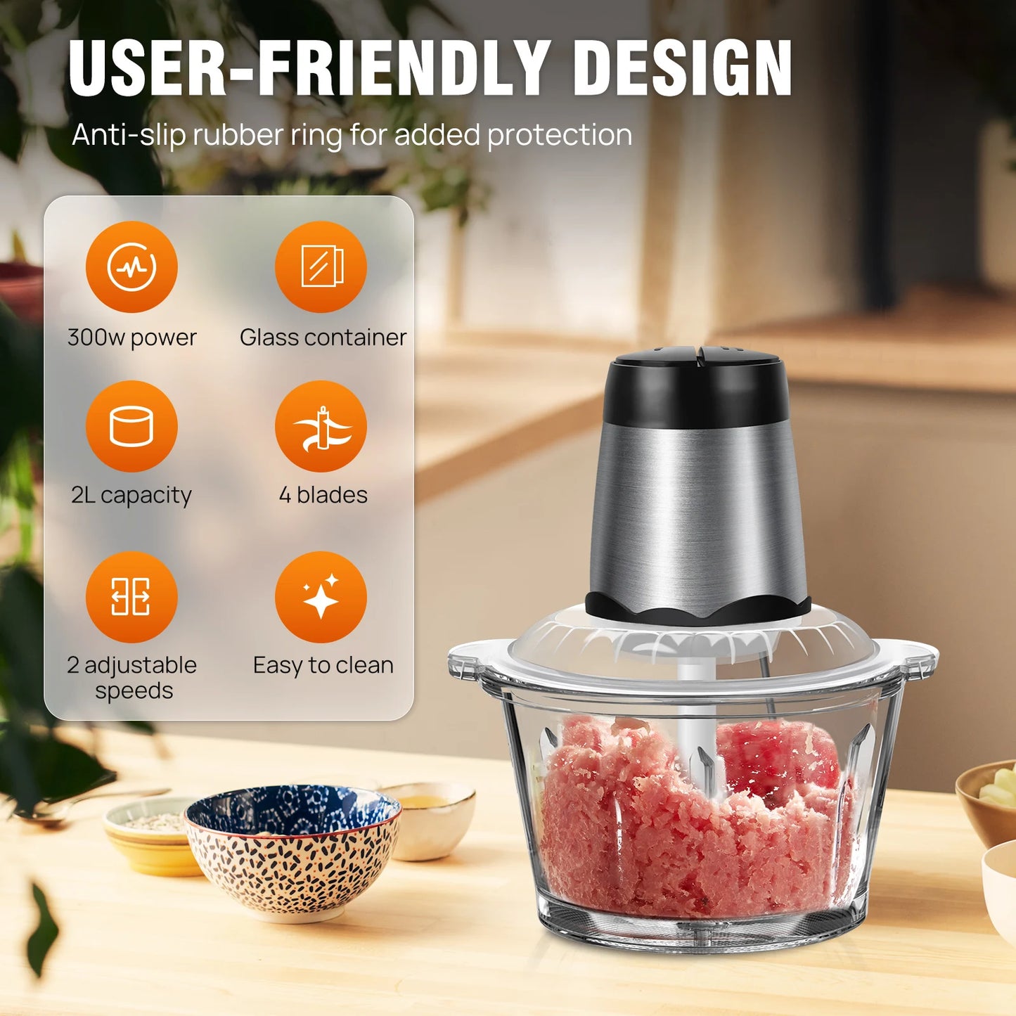 2L Electric Food Chopper - 2-Speed Vegetable Processor, Meat Grinder & Dicer
