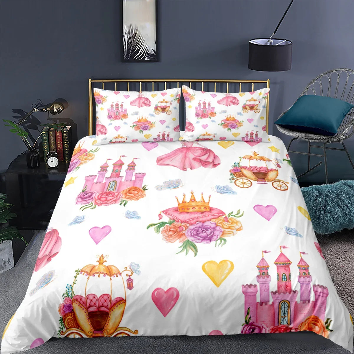 Gold Crown Duvet Cover Set Romantic Couple Bedding 3pcs Custom Print