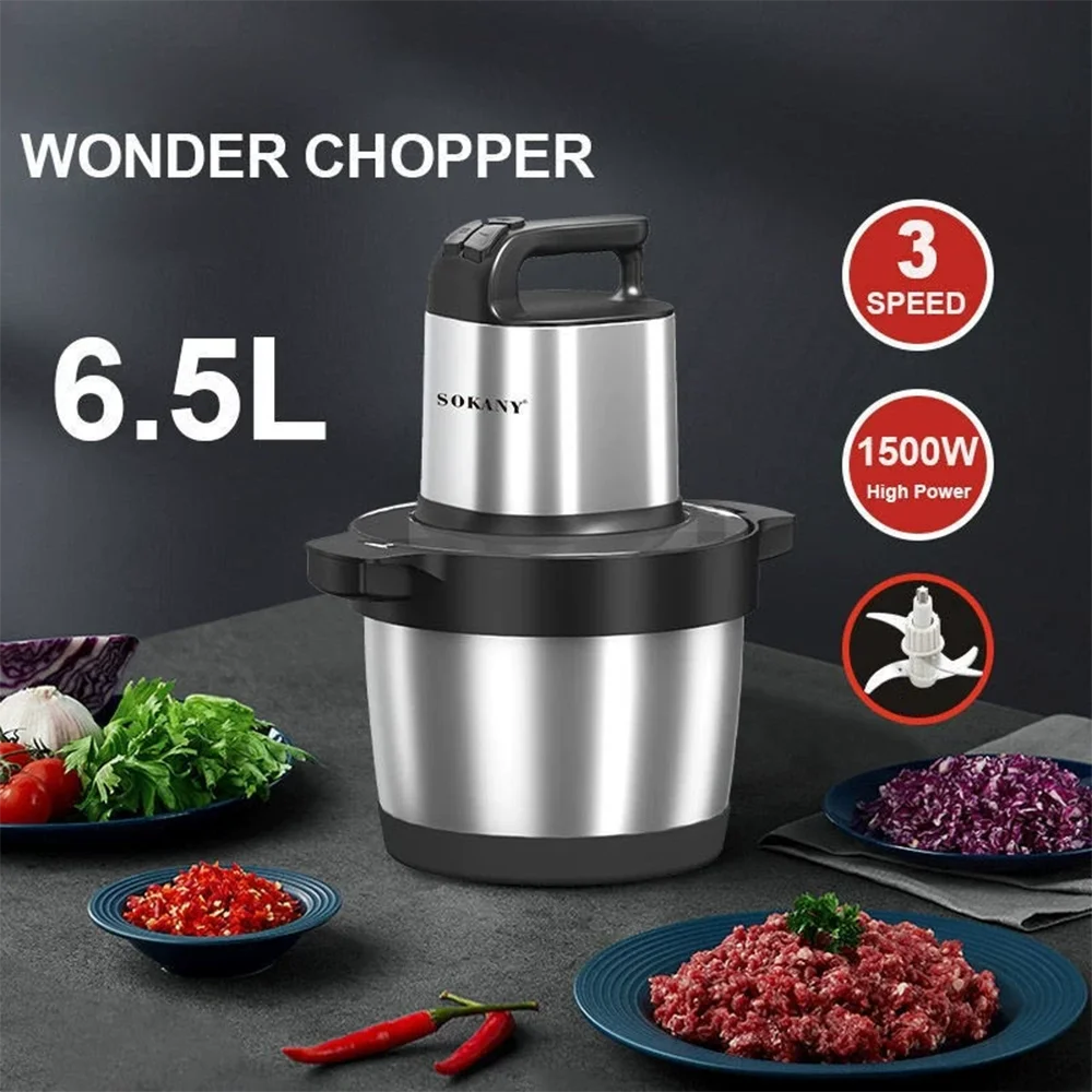 1500W Electric Food Chopper 6.5L Stainless Steel Meat Grinder 3 Speed