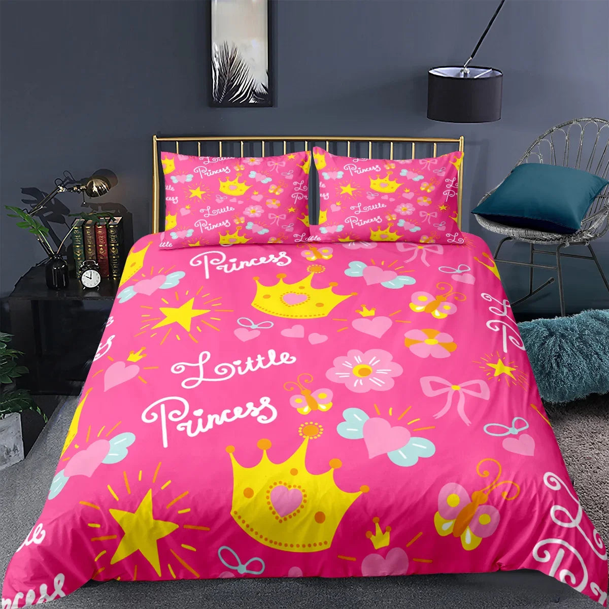 Gold Crown Duvet Cover Set Romantic Couple Bedding 3pcs Custom Print