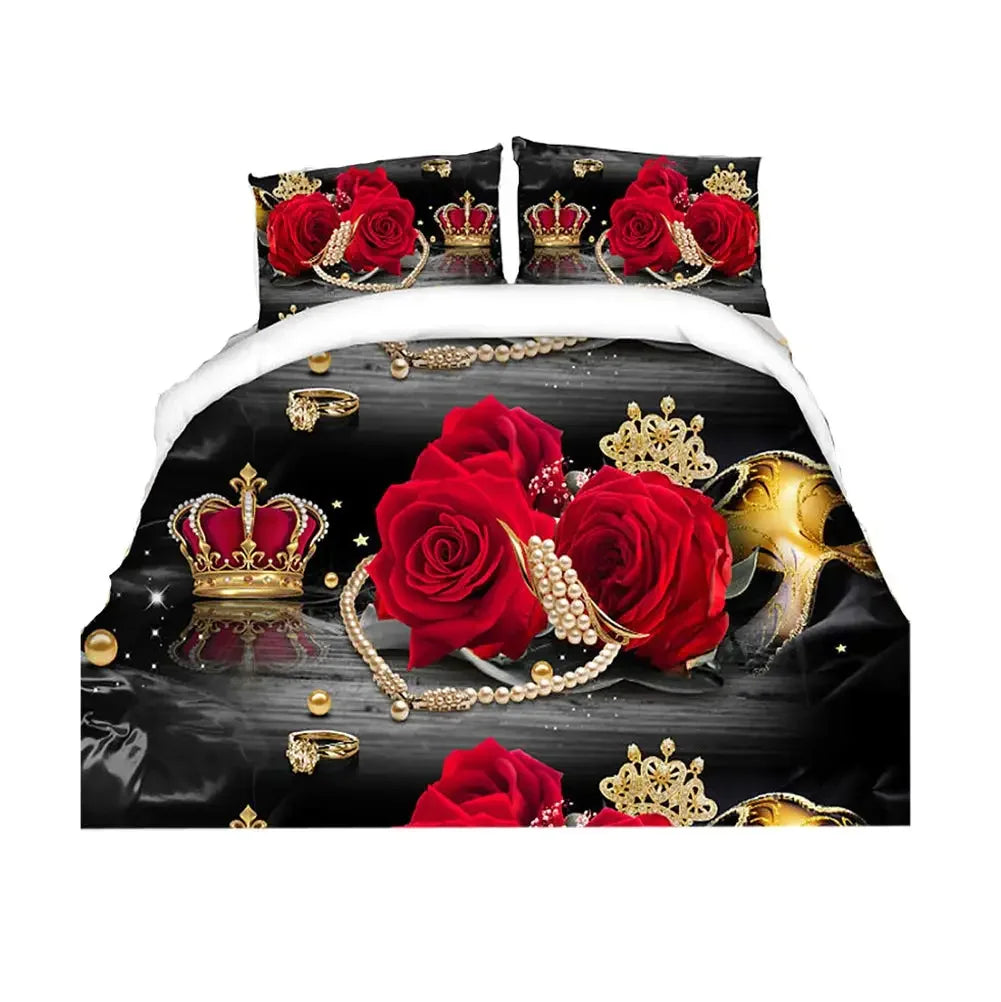 Gold Crown Duvet Cover Set Romantic Couple Bedding 3pcs Custom Print