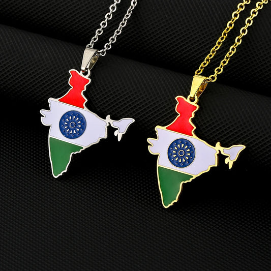 India Map Flag Pendant Necklace - Stainless Steel Jewelry for Men & Women