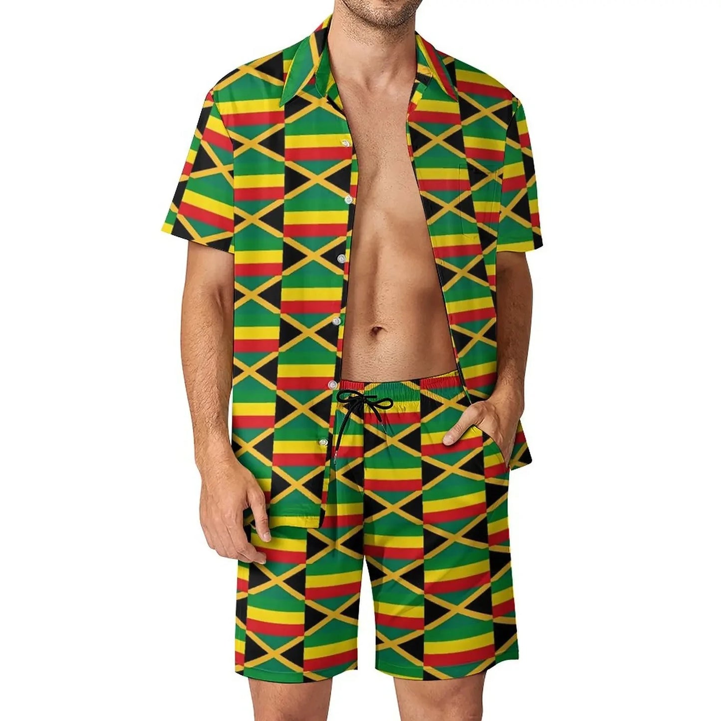 Jamaica Flag Colour Men’s Set - Diagonal Stripe Shorts & Outdoor Shirt