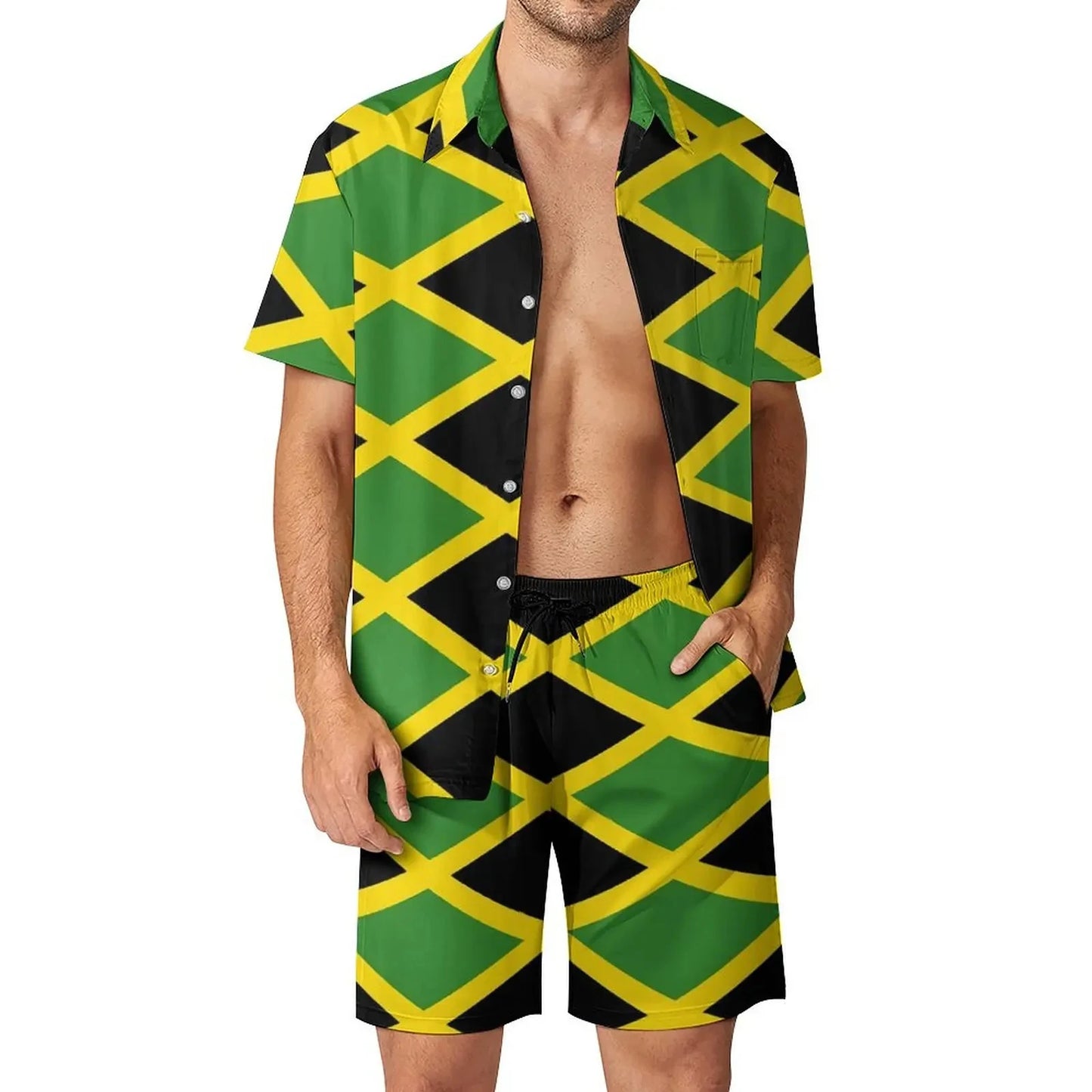 Jamaica Flag Colour Men’s Set - Diagonal Stripe Shorts & Outdoor Shirt