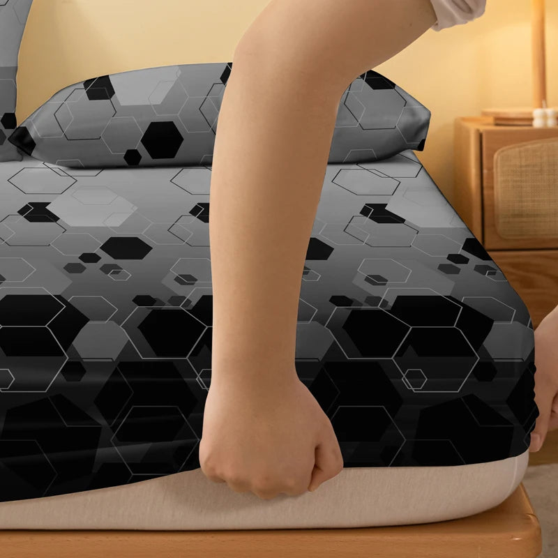 Geometric Printed Fitted Sheet Soft Polyester Bed Cover (No Pillowcases)