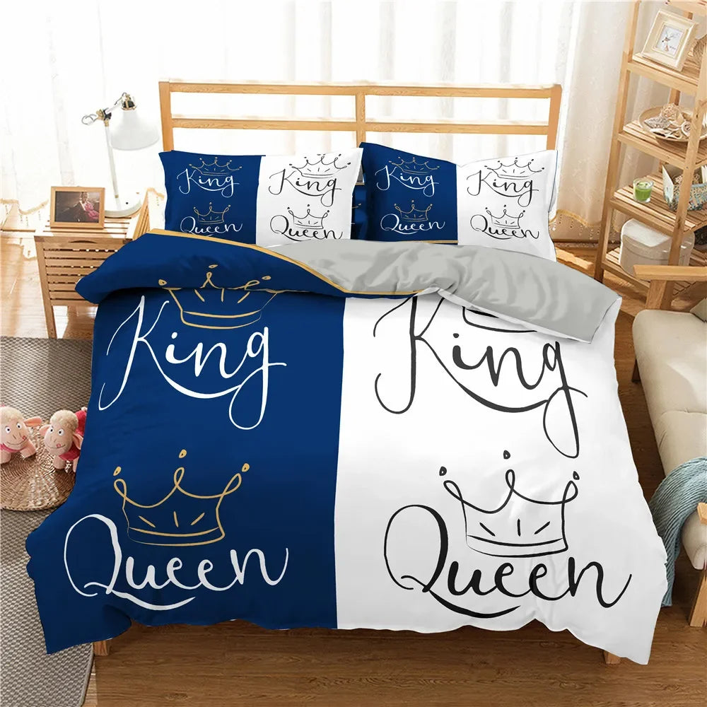 Gold Crown Duvet Cover Set Romantic Couple Bedding 3pcs Custom Print