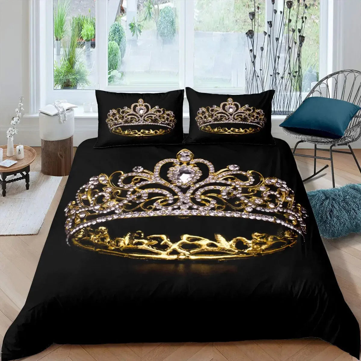 Gold Crown Duvet Cover Set Romantic Couple Bedding 3pcs Custom Print