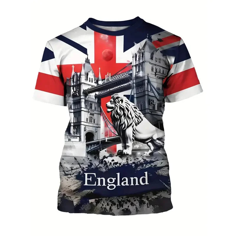England Graffiti Print T-Shirt - Men’s Short Sleeve Round Neck Summer Top with Lion Stripe Pattern