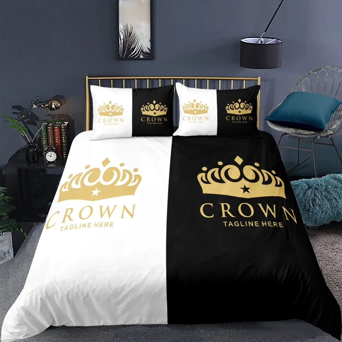 Gold Crown Duvet Cover Set Romantic Couple Bedding 3pcs Custom Print