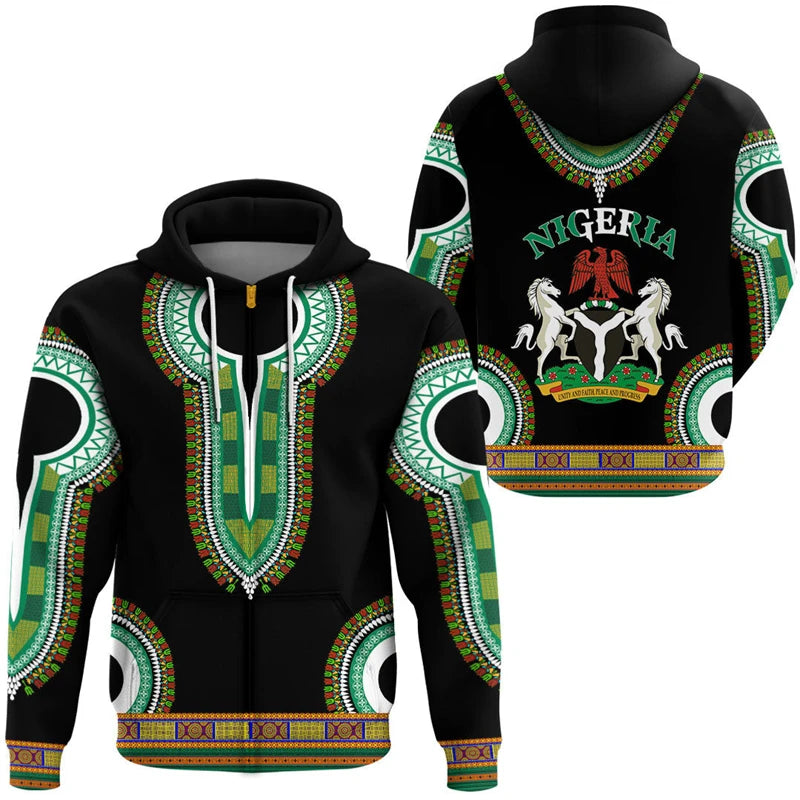 Nigeria Flag Zip Up Hoodie 3D Print Unisex Casual Streetwear Jacket