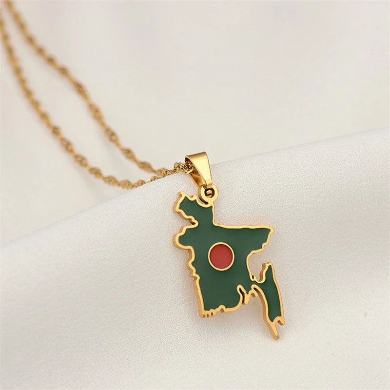 Bangladesh Map Flag Pendant Necklace - Stainless Steel Jewelry for Men & Women
