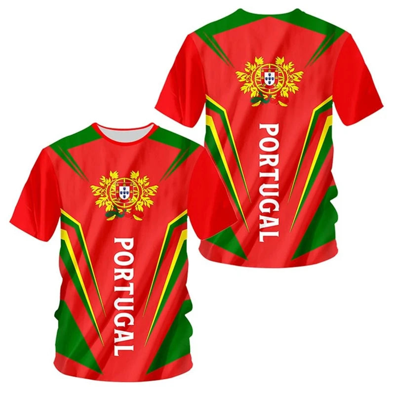 Portugal Emblem T-Shirt – Men’s Striped Casual Streetwear Round Neck Tee