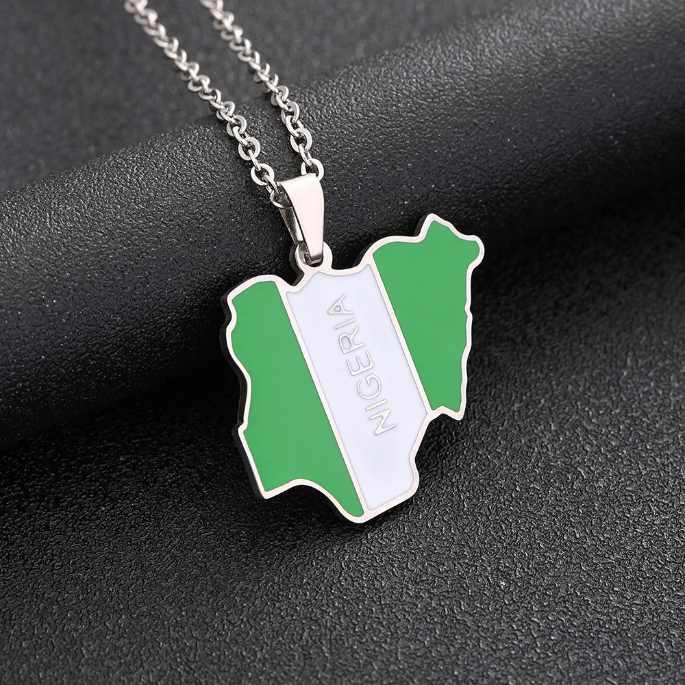 Nigeria Map Flag Pendant Necklace - Stainless Steel Gold & Silver Jewelry for Men & Women