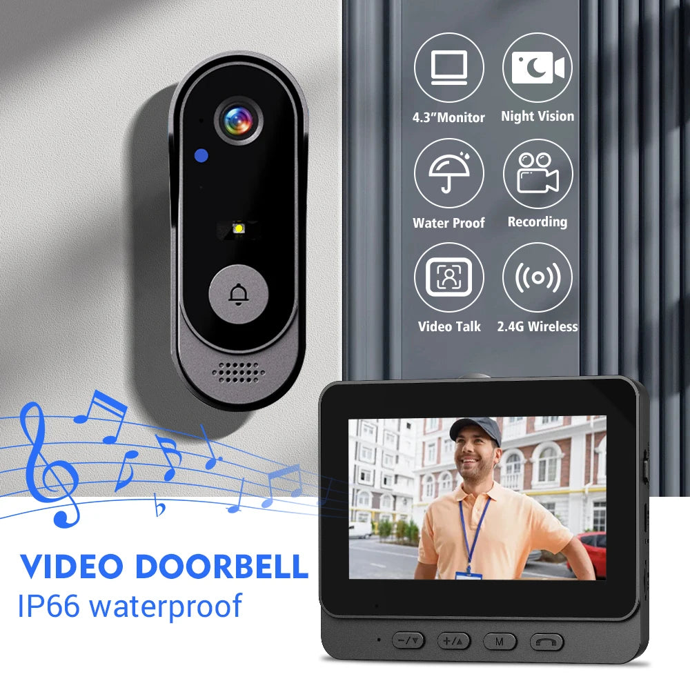 4.3” Wireless Video Doorbell 1080P Smart Intercom Camera Night Vision