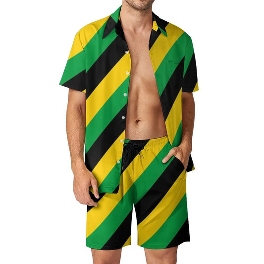 Jamaica Flag Colour Men’s Set - Diagonal Stripe Shorts & Outdoor Shirt