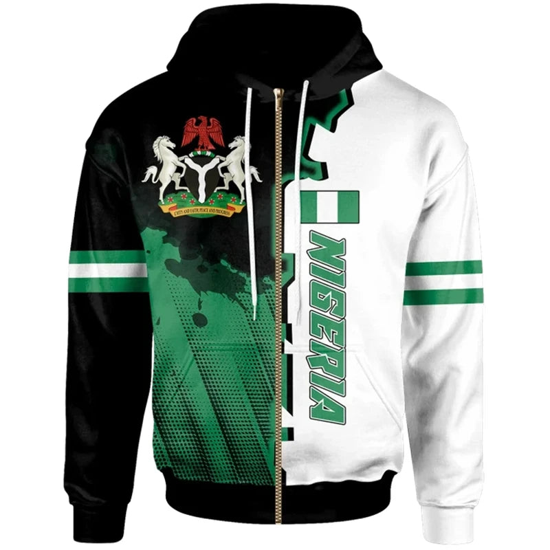Nigeria Flag Zip Up Hoodie 3D Print Casual Unisex Hooded Sweatshirt