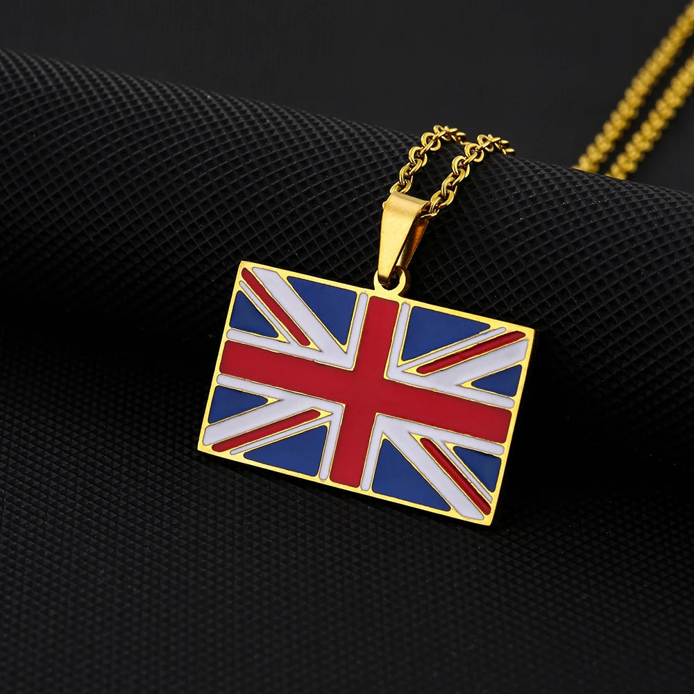 UK Flag Pendant Necklace Stainless Steel Enamel Unisex Couple Gift