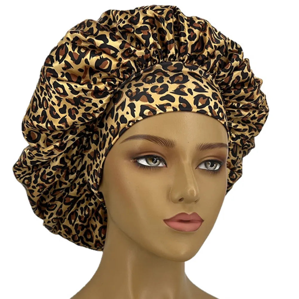 Leopard Print Satin Bonnet for Women – Curl-Enhancing Sleep Cap with Wide Elastic Band