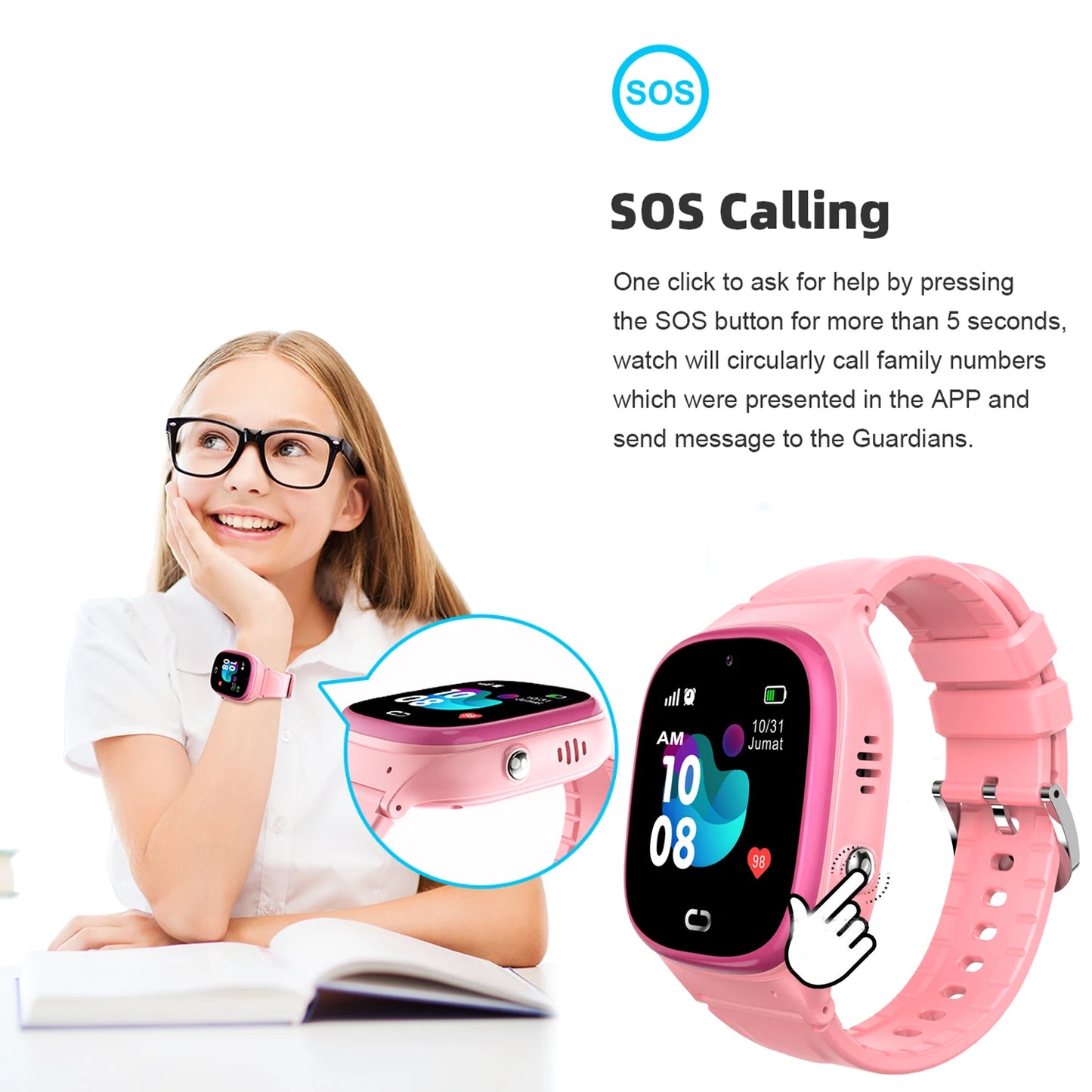 Kids Smart Watch Dual Display GPS Digital SIM Card Support Silicone Strap