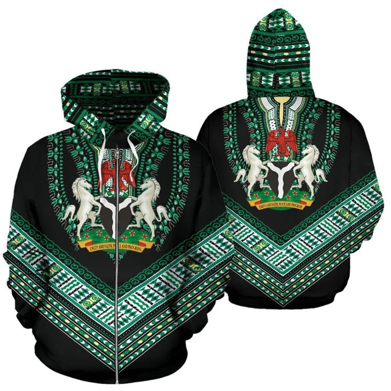Nigeria Flag Zip Up Hoodie 3D Print Casual Unisex Hooded Sweatshirt