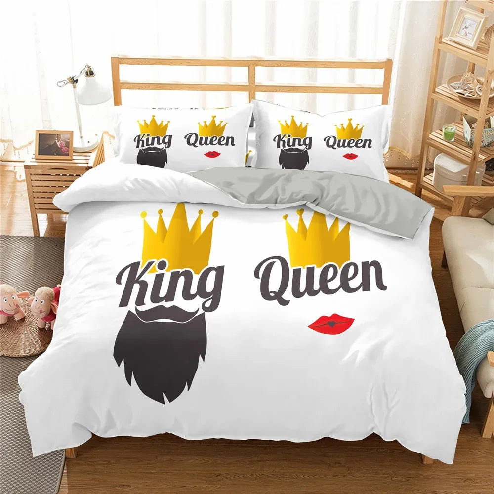 Gold Crown Duvet Cover Set Romantic Couple Bedding 3pcs Custom Print
