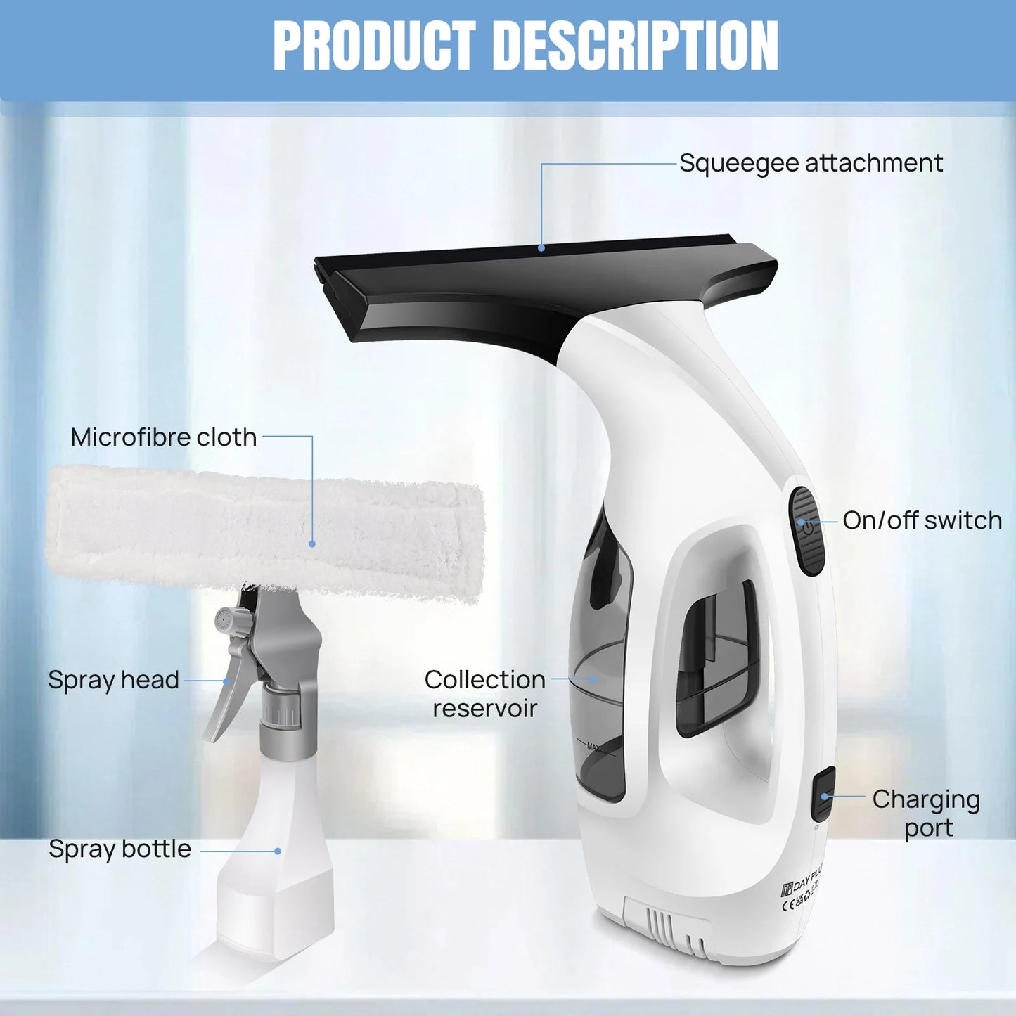Cordless Electric Window Cleaner 2-in-1 Vacuum Glass Washer 3500mAh