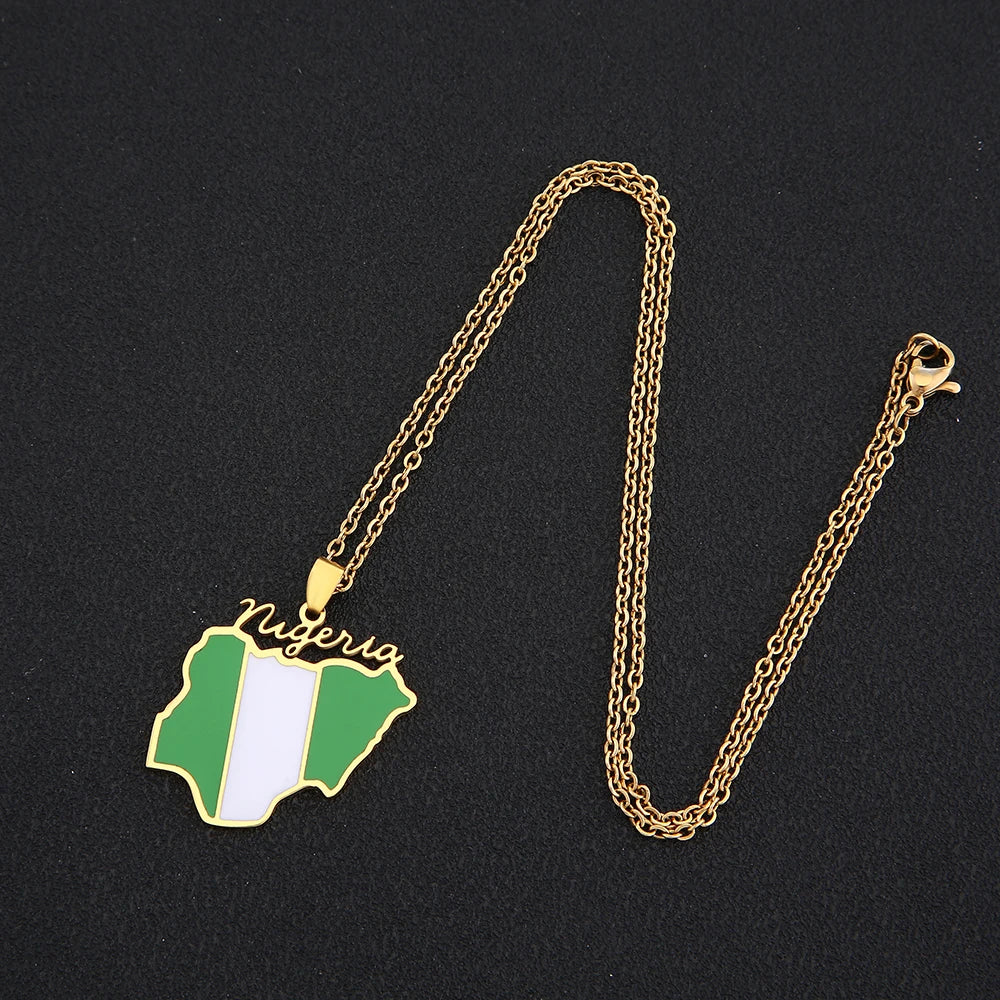 Nigeria Map Flag Pendant Necklace - Stainless Steel Gold & Silver Jewelry for Men & Women