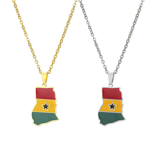 Ghana Map Flag Pendant Necklace - Patriotic Stainless Steel Jewelry for Men & Women