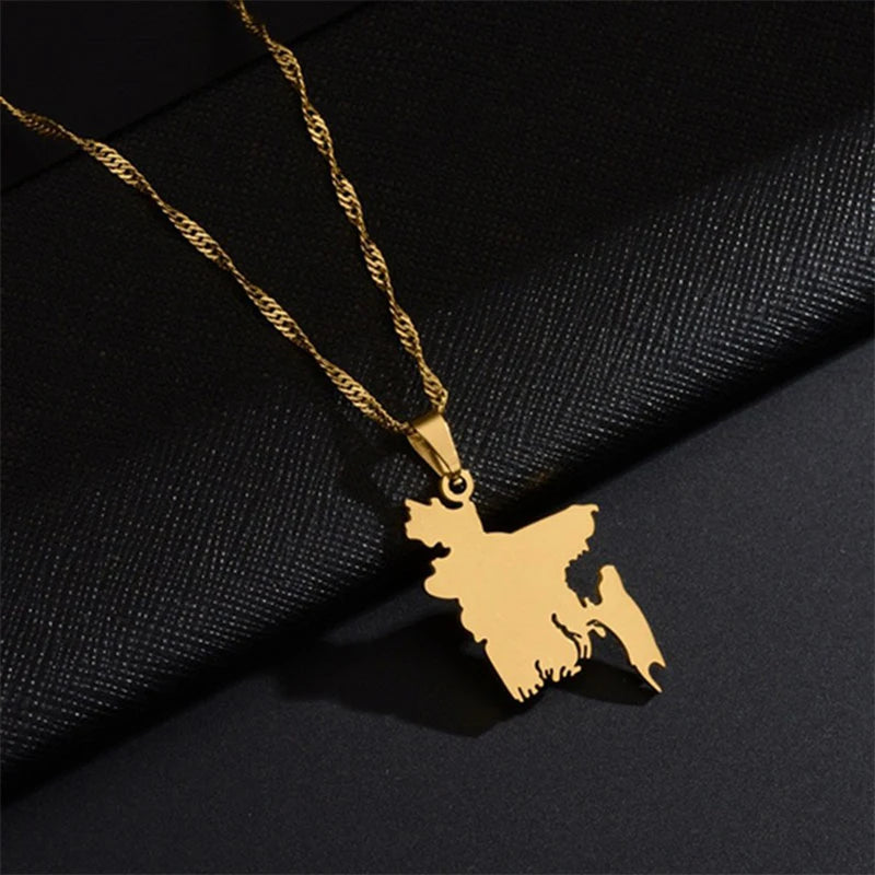 Bangladesh Map Flag Pendant Necklace - Stainless Steel Jewelry for Men & Women