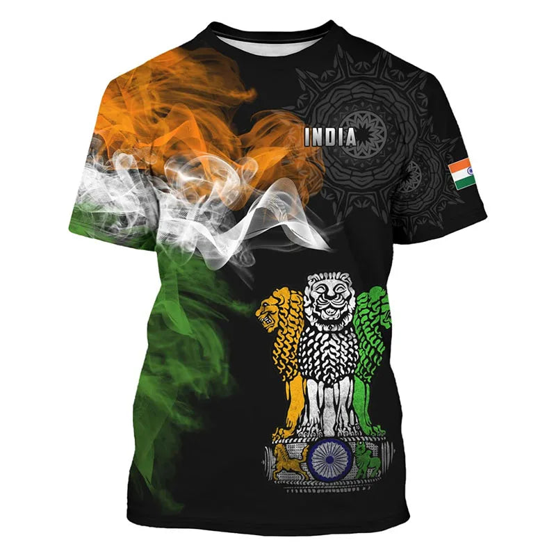 India Flag 3D Print T-Shirt - Men’s Crewneck Short Sleeve Street Fashion Tee