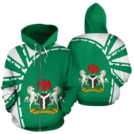 Nigeria Flag Zip Up Hoodie 3D Print Casual Unisex Hooded Sweatshirt