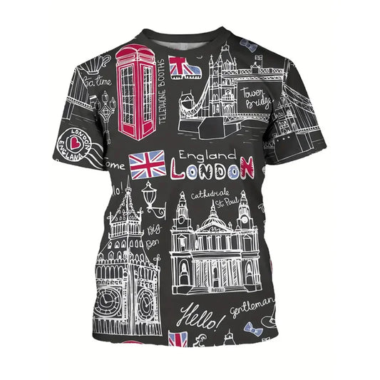 England Graffiti Print T-Shirt - Men’s Short Sleeve Round Neck Summer Top with Lion Stripe Pattern