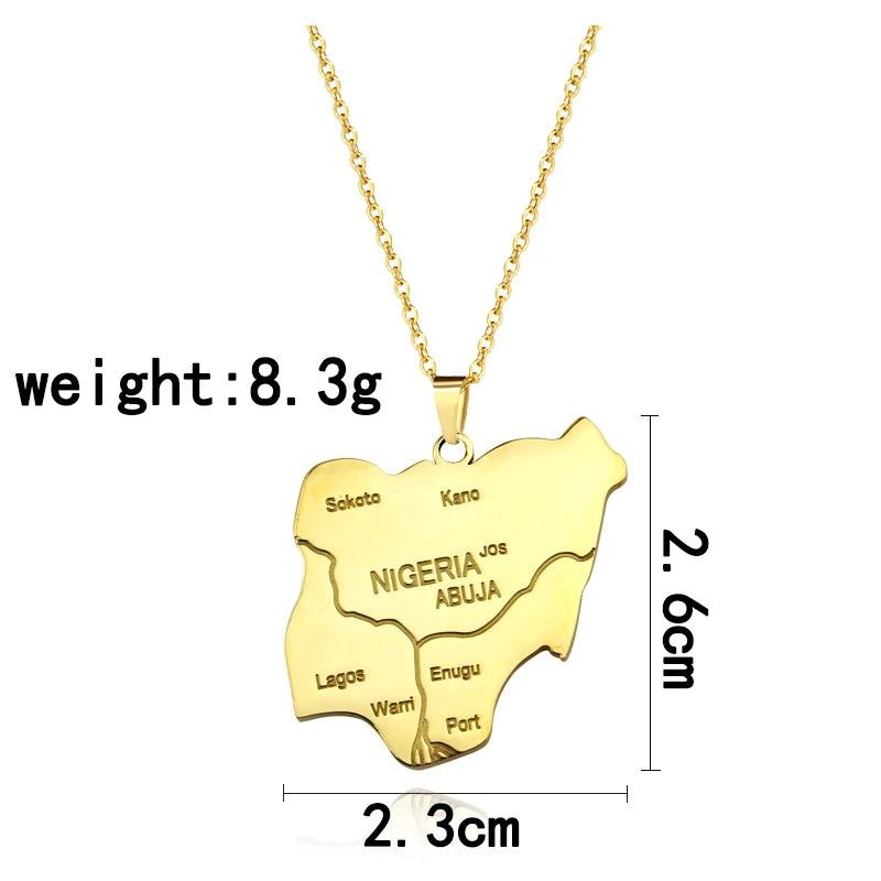 Nigeria Map Pendant Necklace - Africa Country Map Jewelry with City Names, Unisex Gift